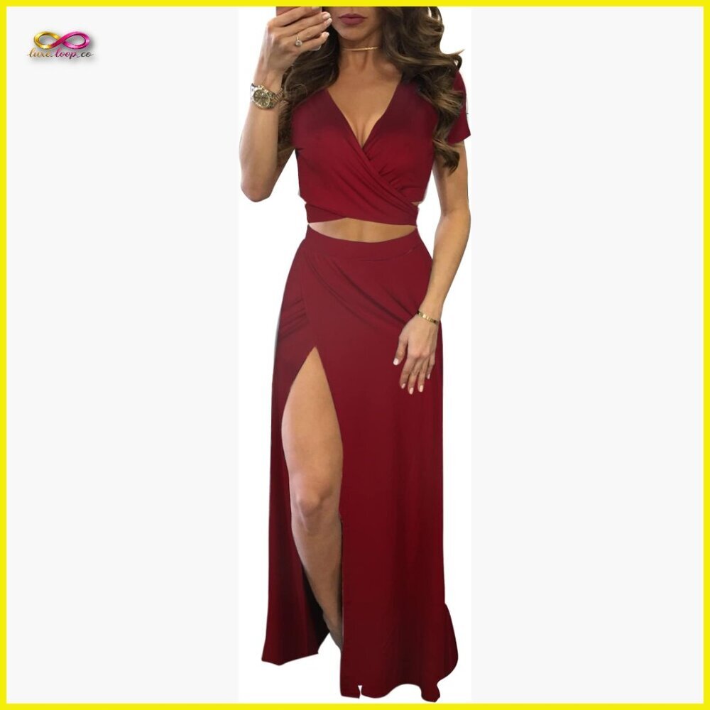 Boho Floral Two-Piece Maxi Dress Set V-Neck Crop Top High Split Skirt